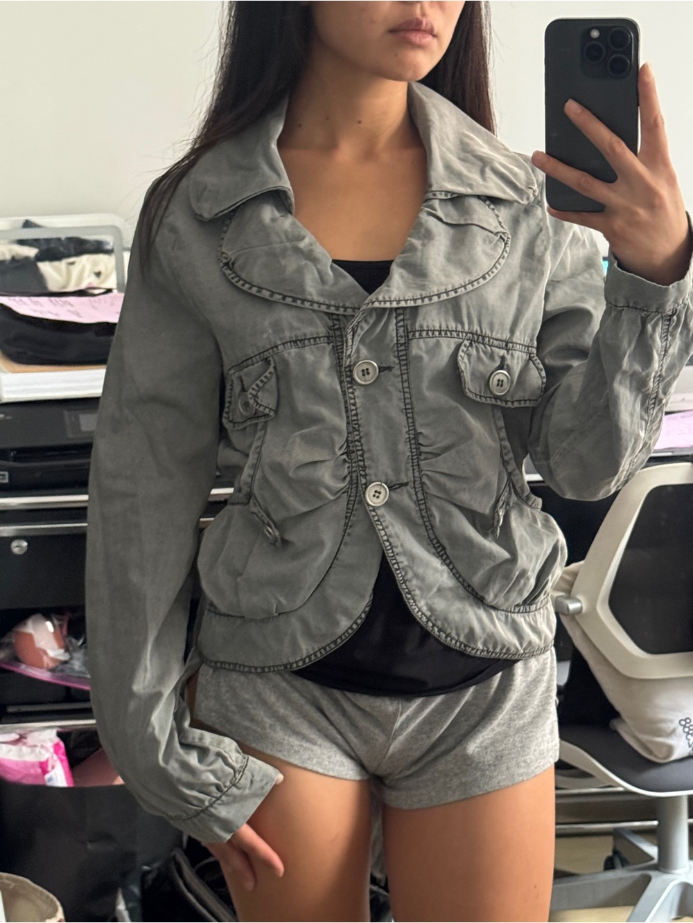 French cotton Women's Gray Button-Front Jacket - Picture 6 of 6
